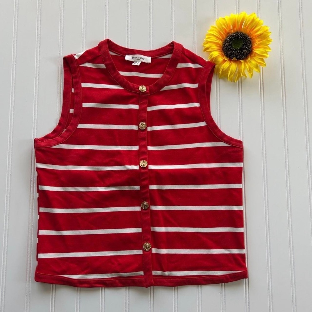 Haver & Blair Tank S Womens Red White Striped Excellent Gold Button Knit Top